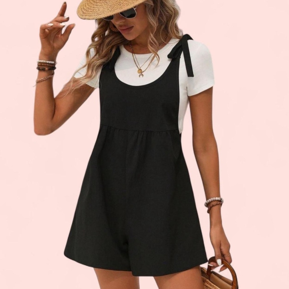 Woman’s Black One Piece Romper With Pockets and Bow ties